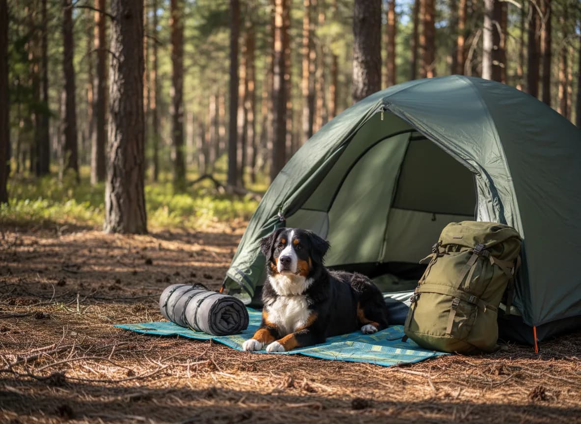 A medium-sized dog lying calmly on a blanket beside a pitched green tent at a wooded campsite in late afternoon light