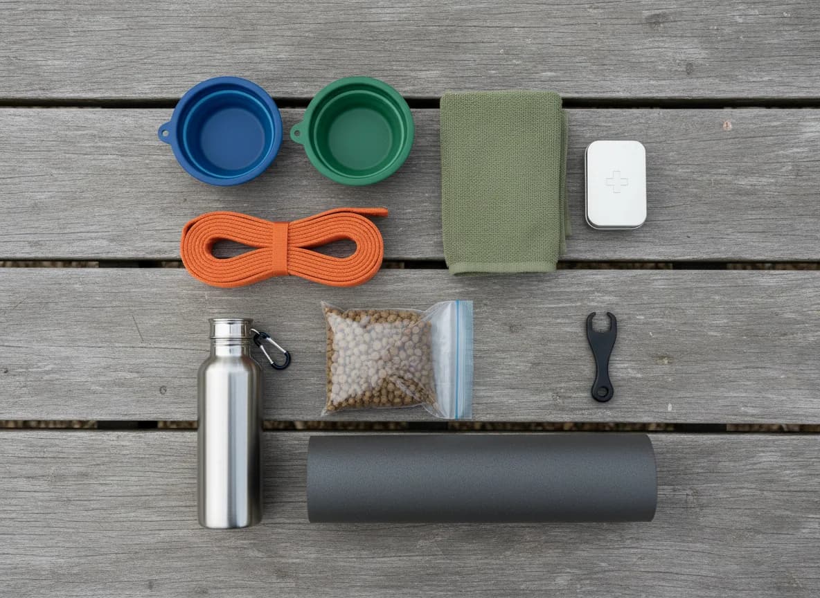 Overhead view of dog camping gear laid out on a wooden picnic table, including a collapsible bowl, long line, folded travel bed, towel, and first aid pouch