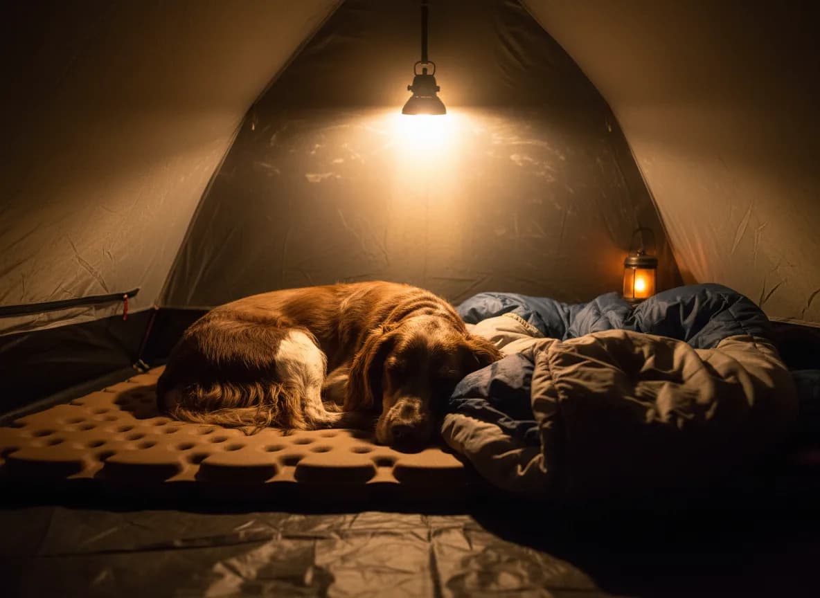 A dog curled asleep on a thick insulated pad inside a tent at night, lit softly by a lantern