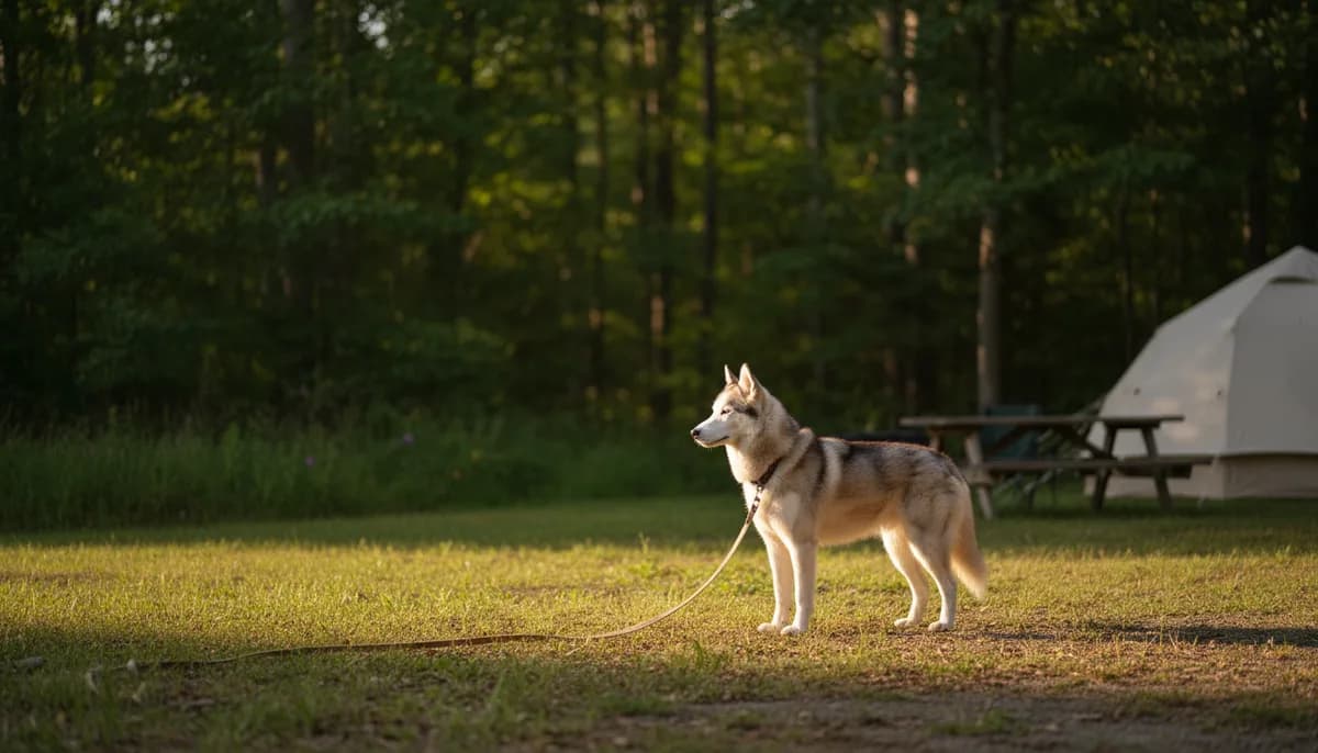 A dog standing at the edge of a campsite clearing on a long line, with a tent and camp chairs visible behind