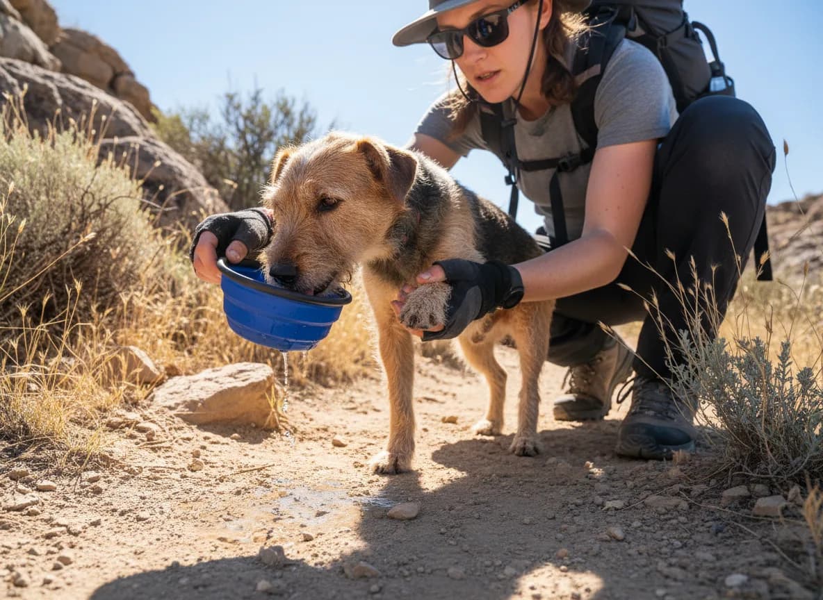 A dog drinking from a blue collapsible bowl on a sunny dirt trail while a person's hand checks the pad of its front paw