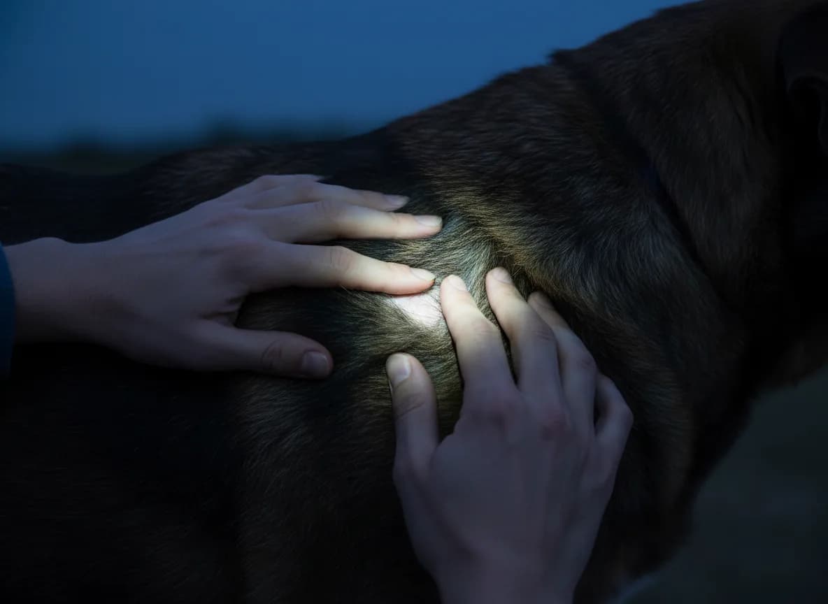 Close view of two hands parting the fur on a dog's neck to check the skin for ticks, in warm dusk light