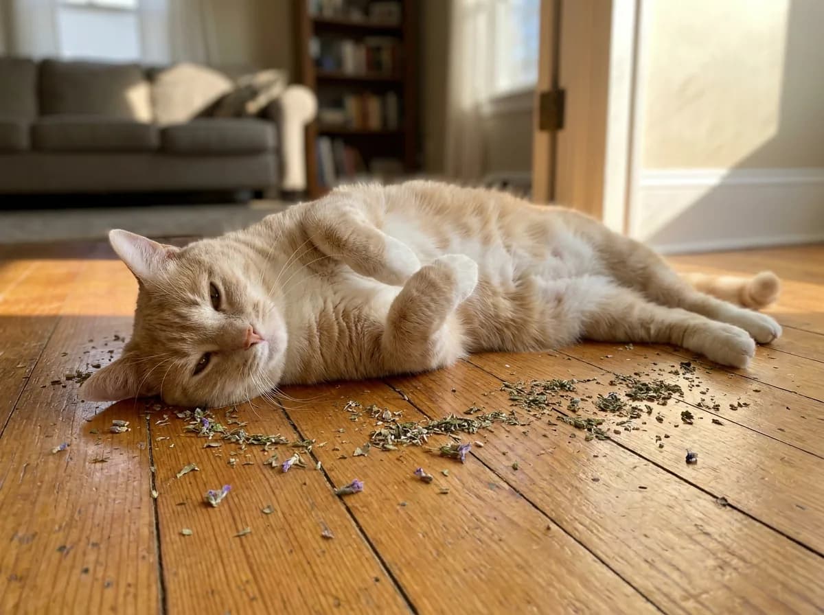 An orange tabby cat rolling on its back on a wooden floor beside scattered dried catnip.