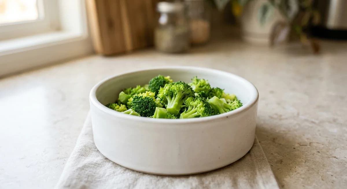 Bite-sized steamed broccoli florets in a white dog bowl, the safe way to serve broccoli to a dog