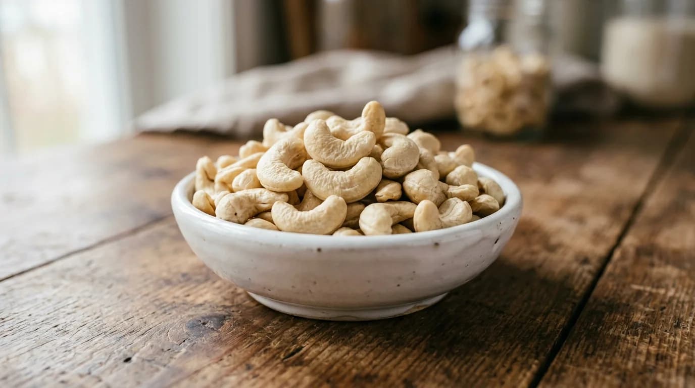 A small white ceramic bowl filled with plain unsalted cashew nuts on a wooden surface, the safe form of cashews for dogs in moderation