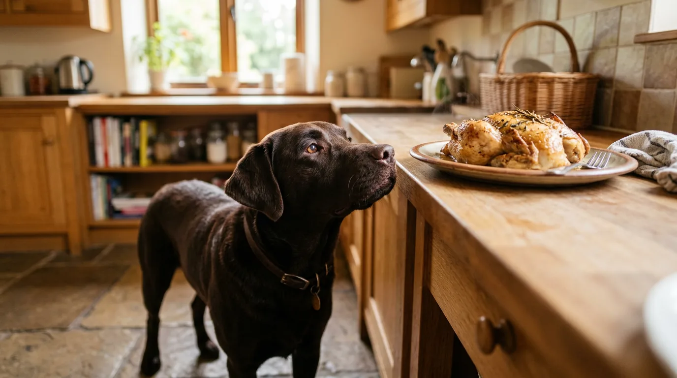 Chocolate Labrador eyeing a plate of cooked chicken on a kitchen counter, illustrating whether dogs can eat chicken bones