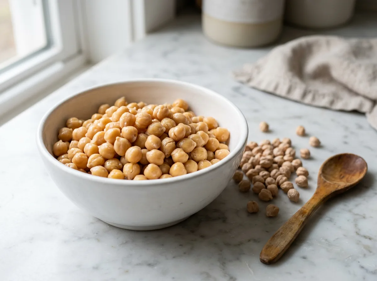 A bowl of plain cooked chickpeas next to dry chickpeas, showing safe chickpeas for dogs