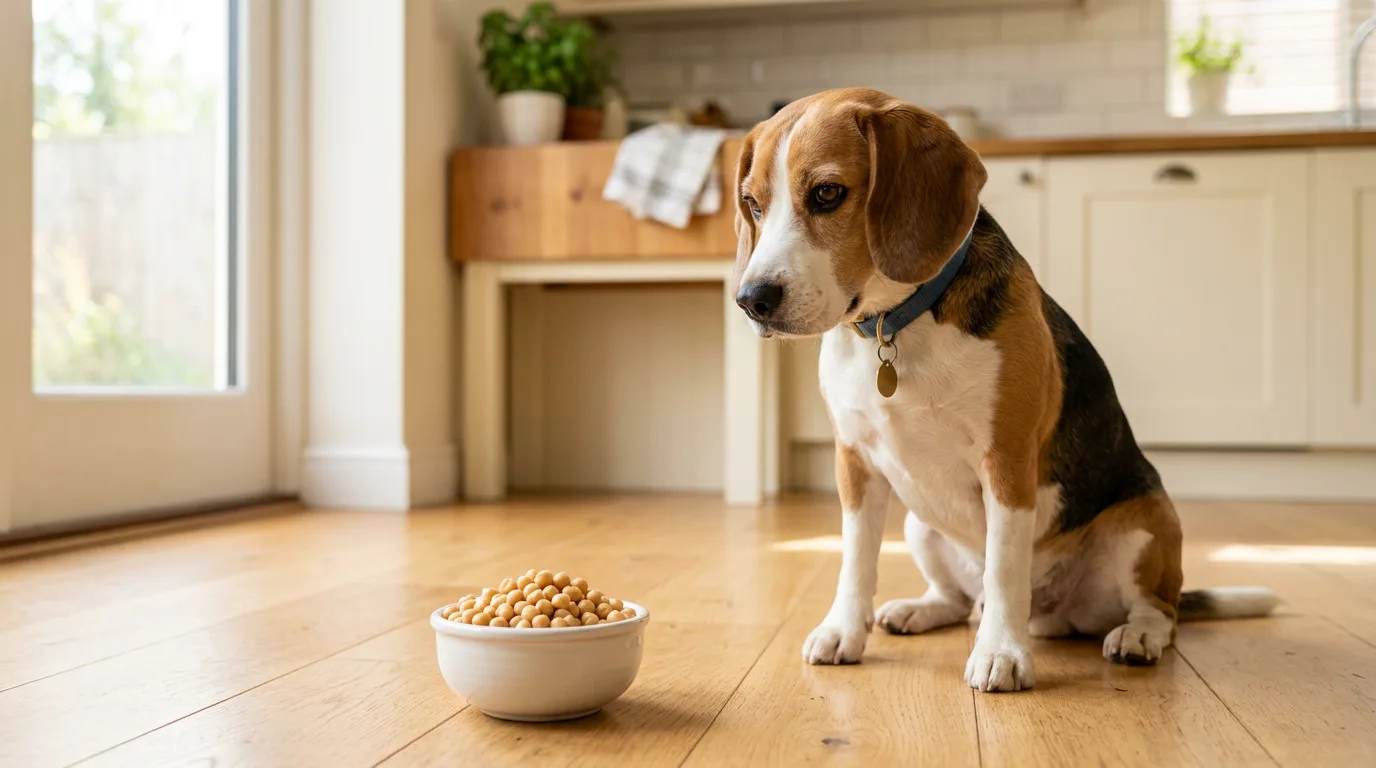 A beagle looking at a bowl of plain cooked chickpeas, illustrating can dogs eat chickpeas safely