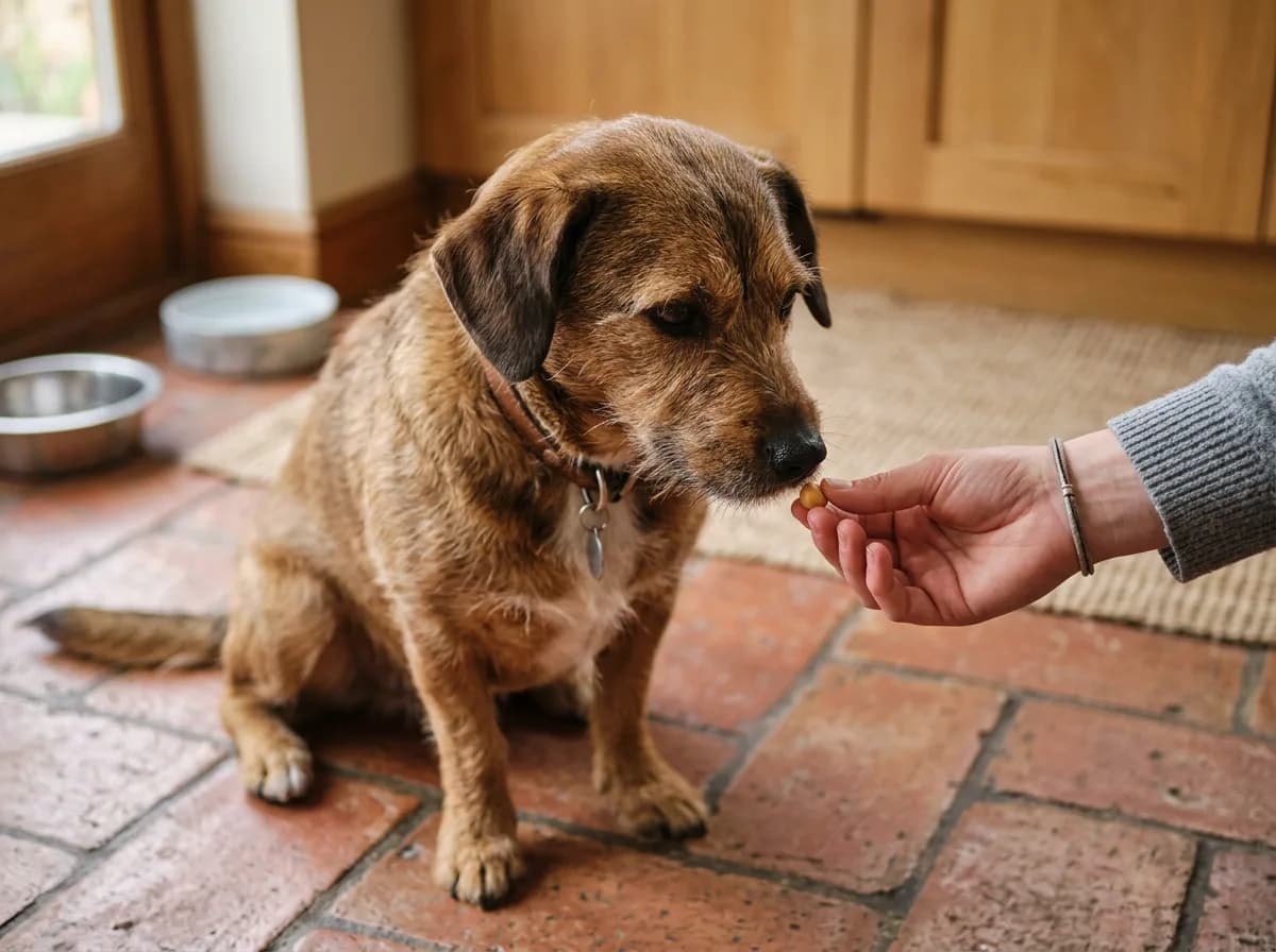 A dog being offered a single plain cooked chickpea by hand