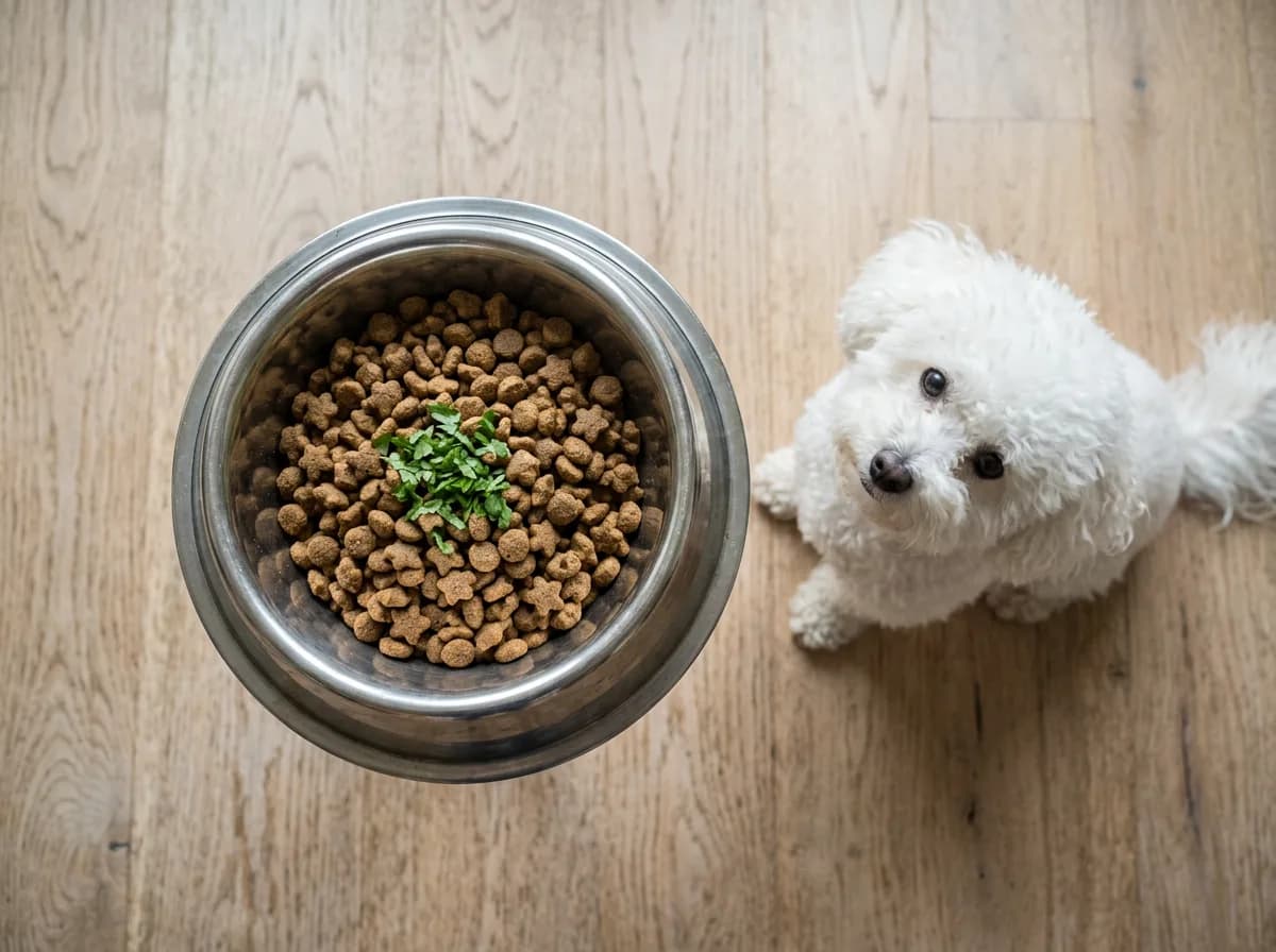 Finely chopped cilantro sprinkled over a dog's food bowl as a safe small serving