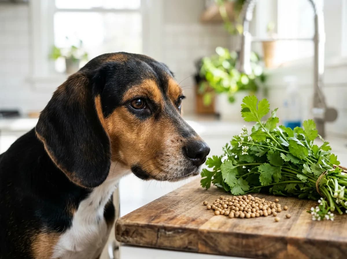 Beagle beside fresh cilantro and coriander seeds, showing cilantro and coriander are the same plant