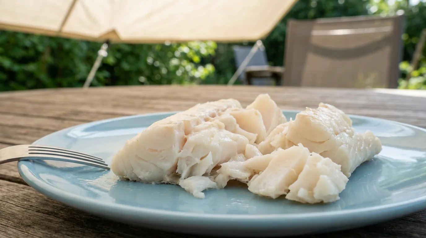 Cooked white cod flakes on a pale blue plate with a fork.