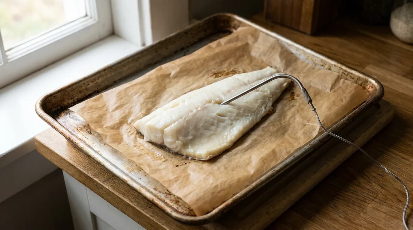 A cooked cod fillet on a baking tray with a probe thermometer.