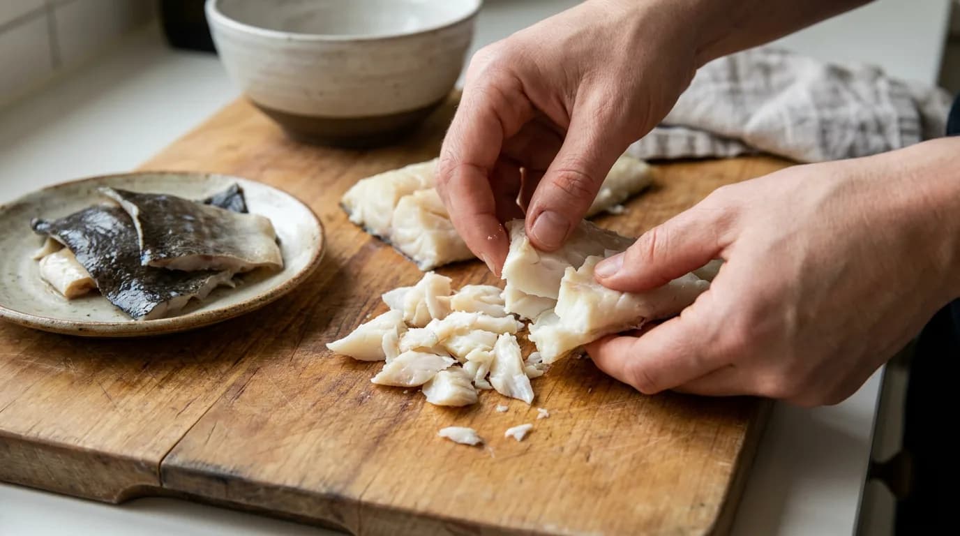 Hands flake cooked cod beside removed fish skin on a separate plate.