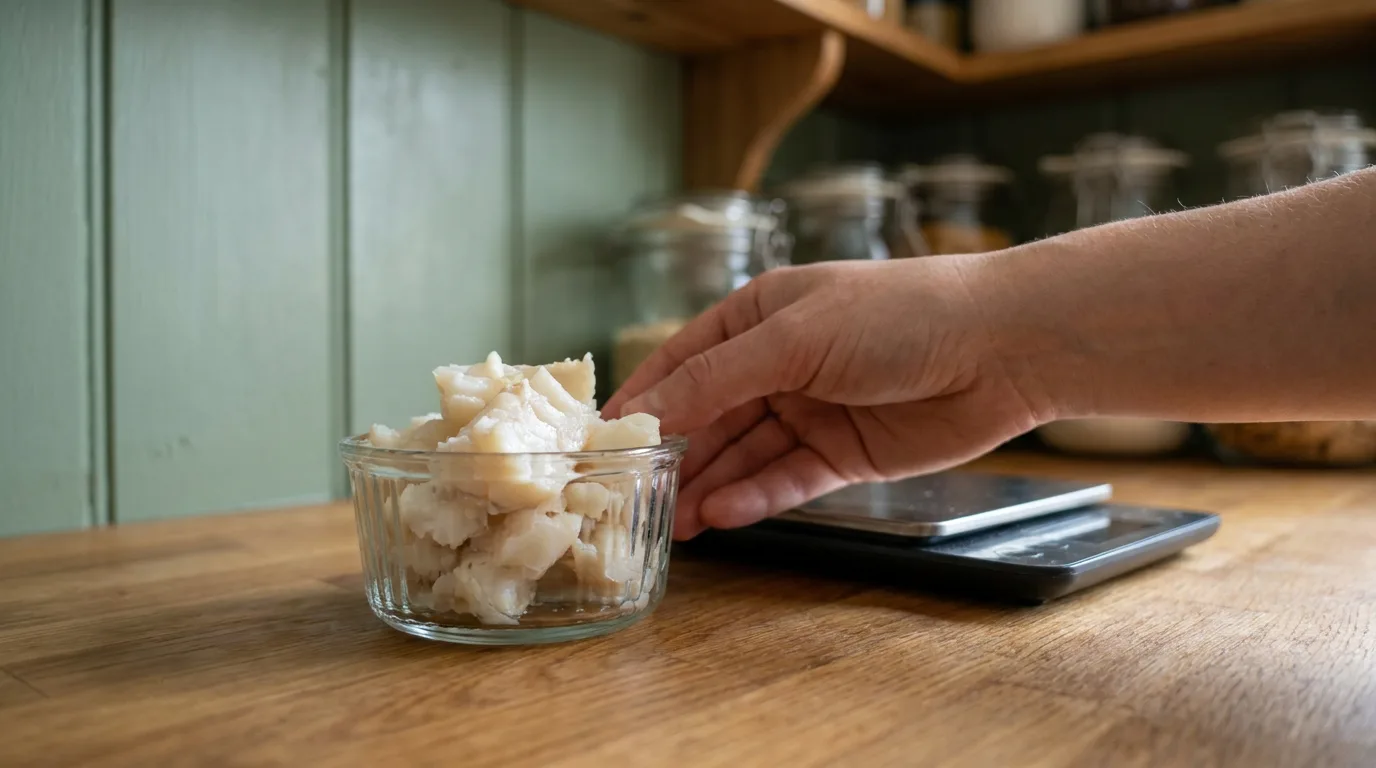 A small portion of cod flakes in a glass dish beside a kitchen scale.