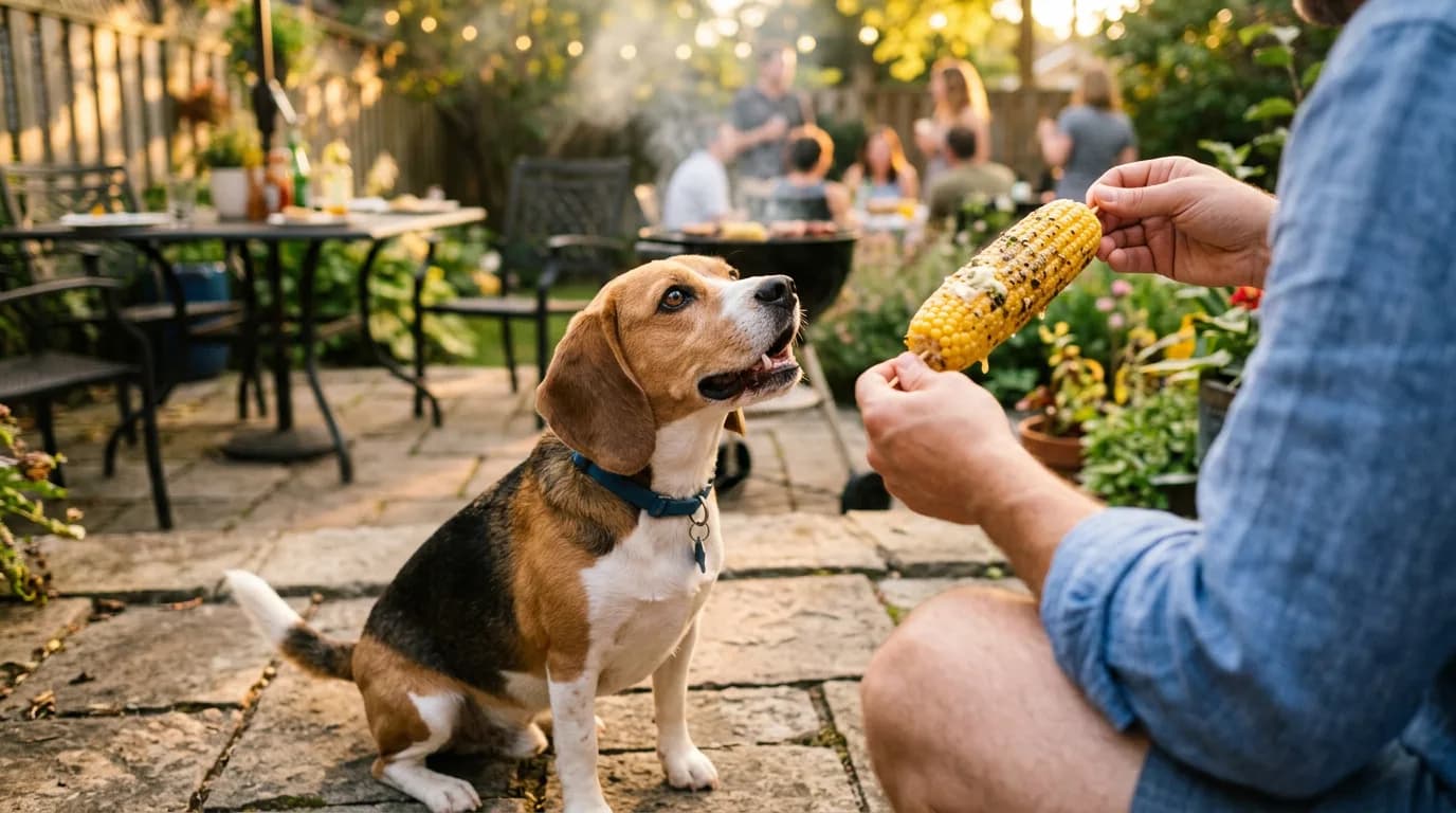 Beagle eyeing a corn on the cob at a cookout, illustrating whether dogs can eat corn cobs