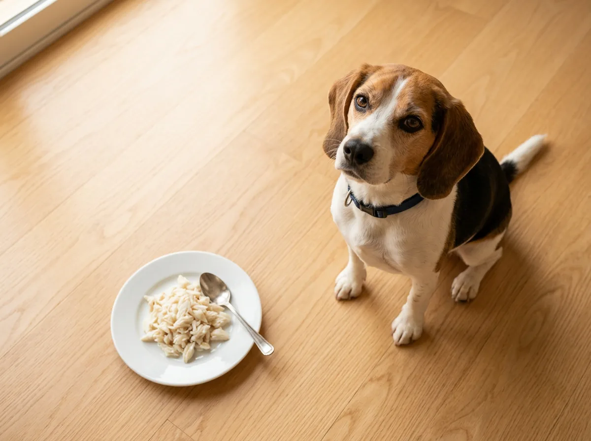 A beagle waiting beside a small portion of plain cooked crab meat for dogs