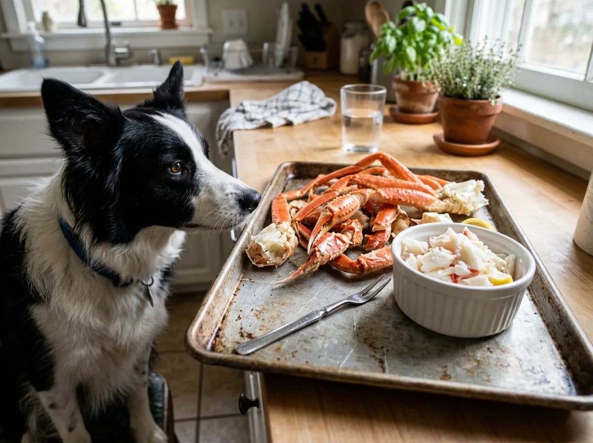 Cracked crab legs with shell removed and meat in a dish, showing safe crab legs for dogs