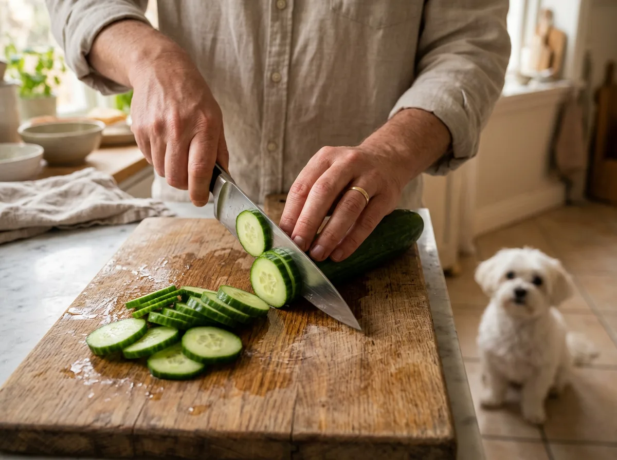 Hands slicing washed cucumber into bite-sized pieces with a Maltese watching, showing safe cucumber preparation for dogs