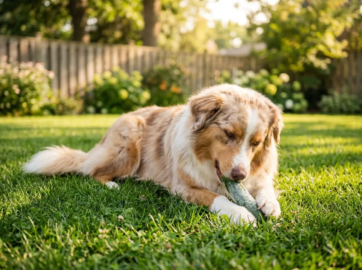 Australian shepherd chewing a frozen cucumber spear on a lawn, showing a cooling summer cucumber treat for dogs