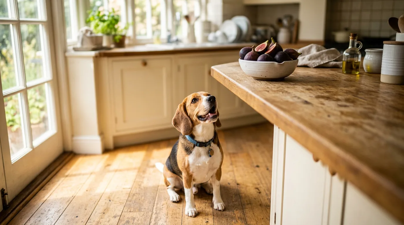 Beagle looking up at a bowl of fresh figs, illustrating whether dogs can eat figs safely