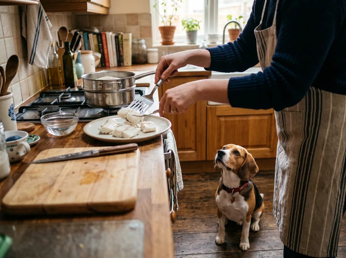 A beagle waiting for a small portion of plain cooked fish, showing safe serving of fish for dogs
