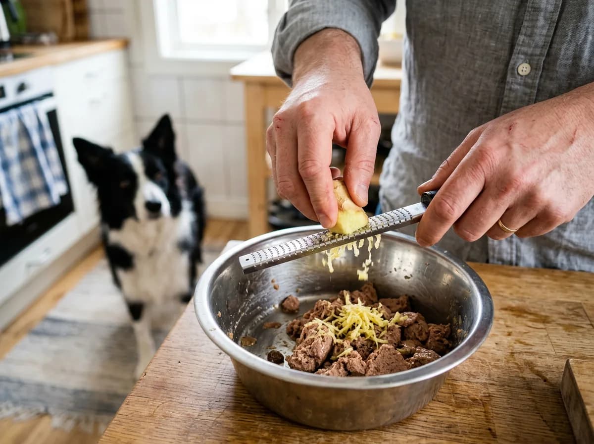 Fresh grated ginger being mixed into a dog's food bowl as a safe serving method