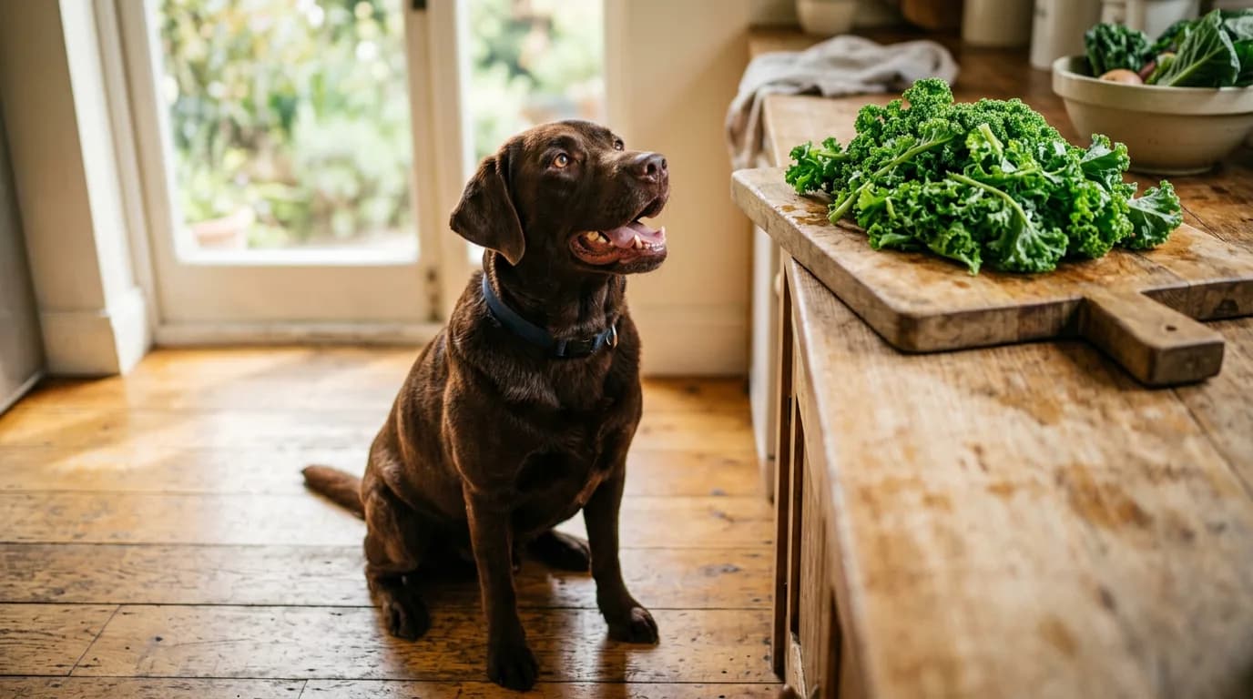 Chocolate Labrador looking up at a cutting board of fresh kale, illustrating whether dogs can eat kale safely