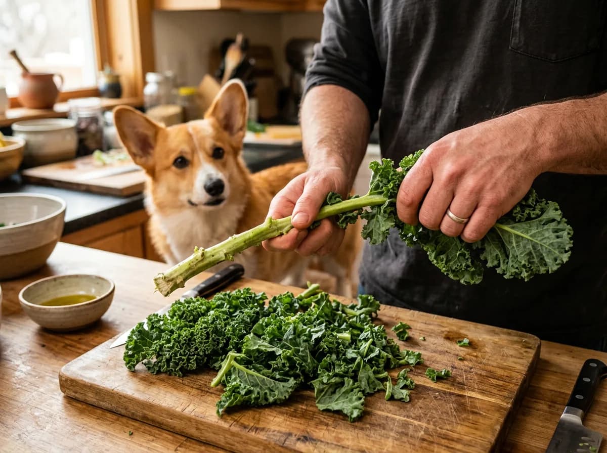 Hands stripping kale leaves from the stem with a corgi watching, showing safe kale preparation for dogs
