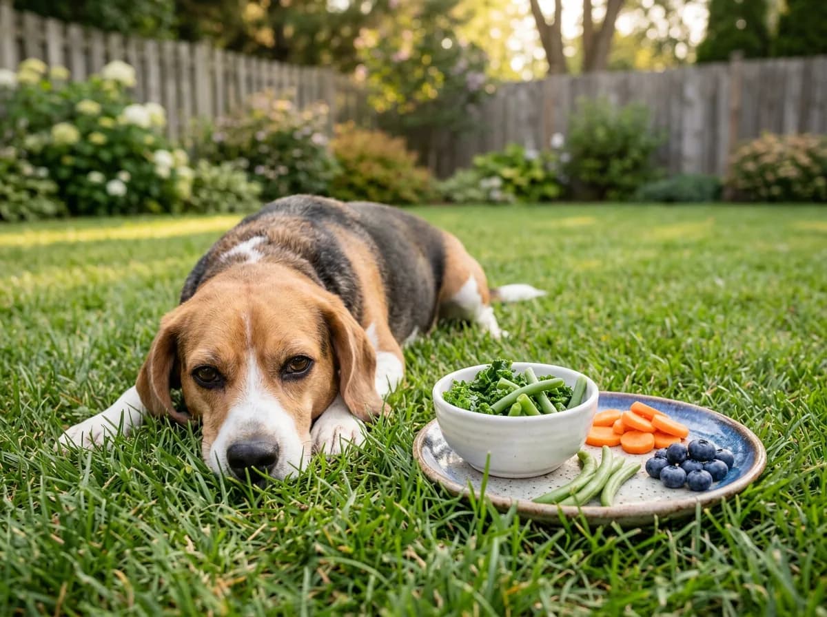Beagle beside a bowl of steamed kale and safer dog vegetables like green beans, carrots, and blueberries