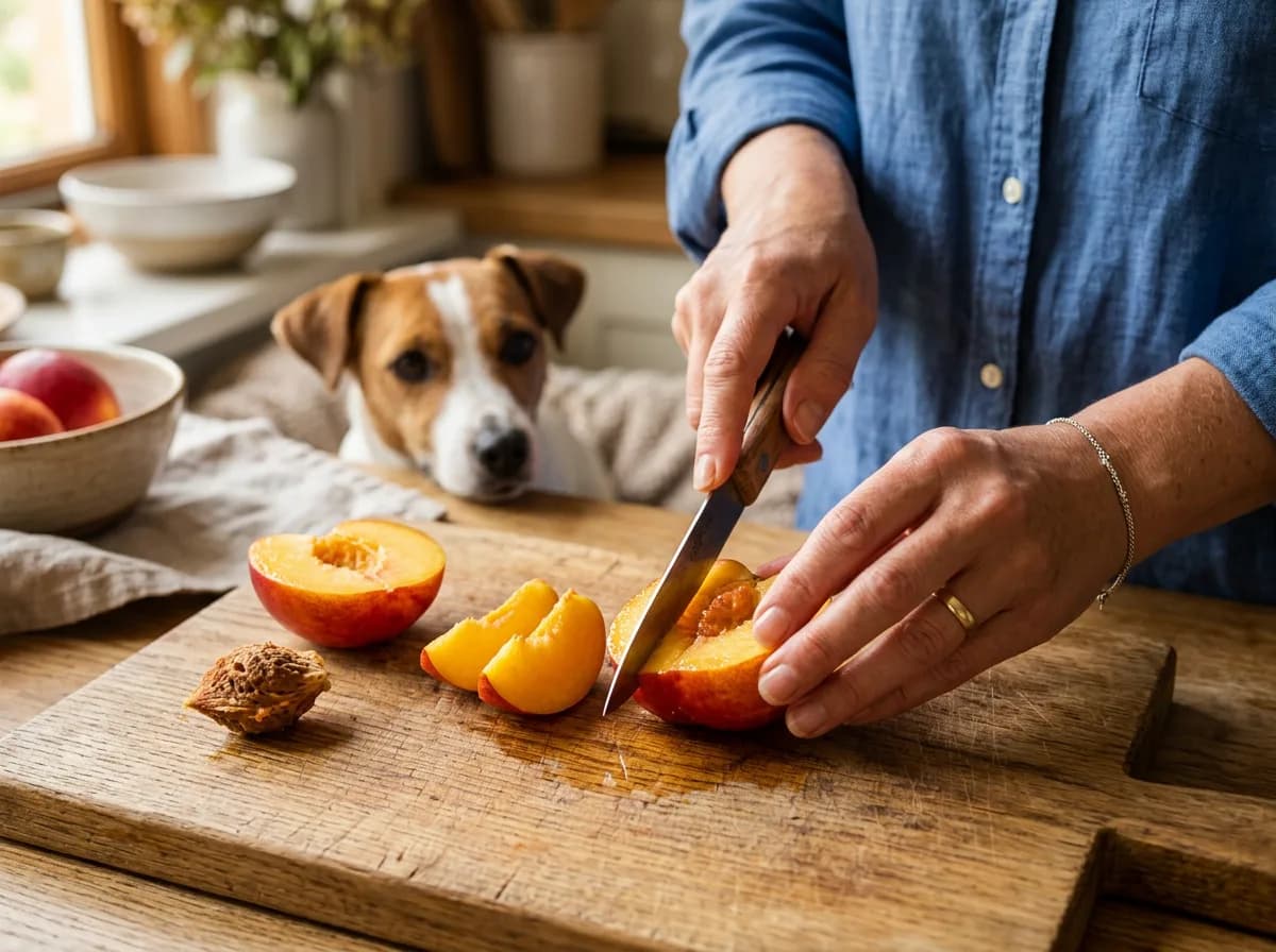 Hands slicing a pitted nectarine on a cutting board while a Jack Russell terrier watches, showing safe nectarine preparation for dogs