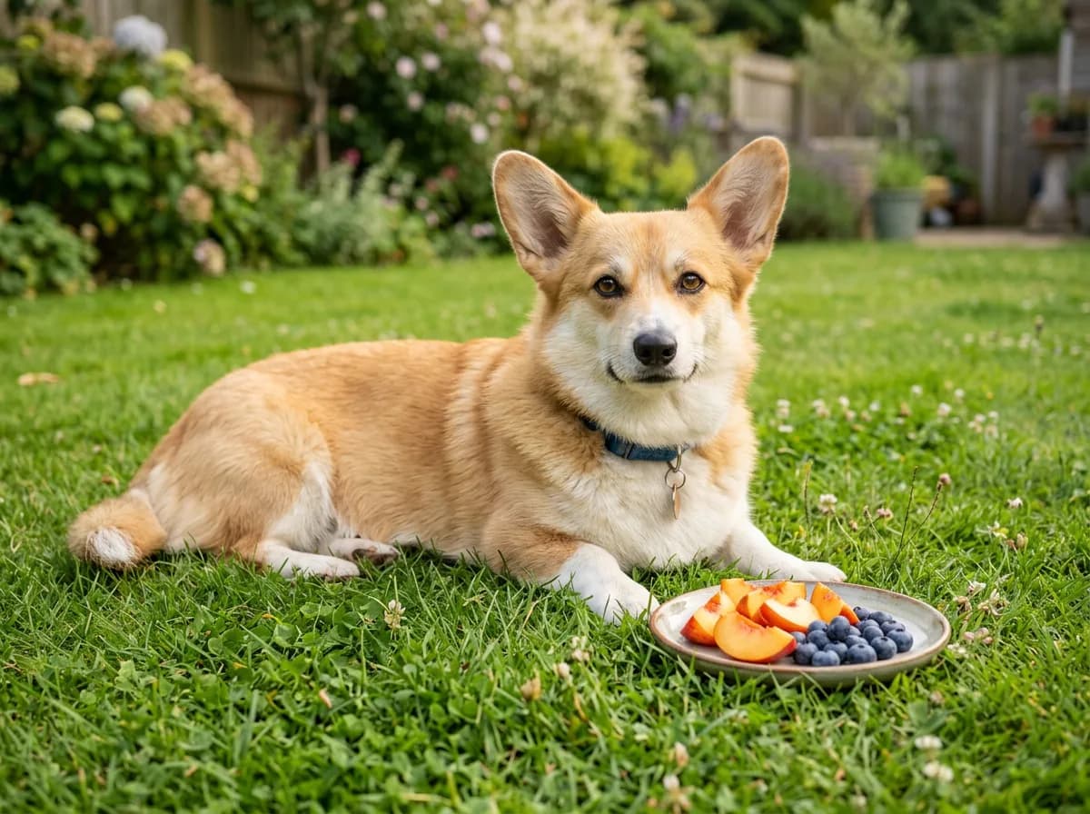 Corgi resting beside a plate of fresh pitted nectarine slices and blueberries on a summer lawn