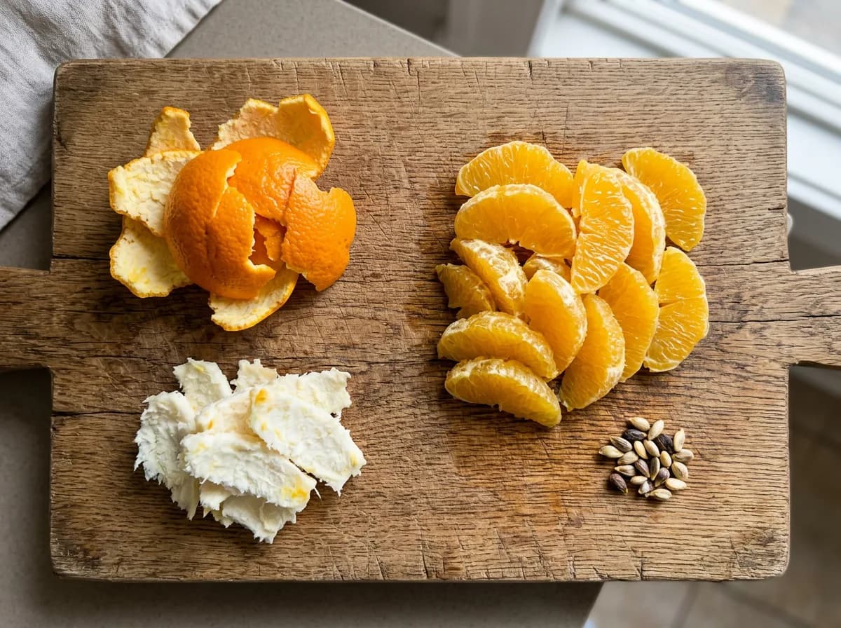 Peeled orange segments with peel pith and seeds removed, showing safe orange prep for dogs