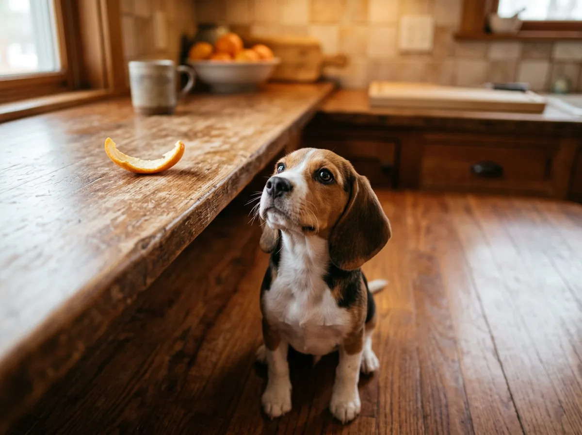 Beagle eyeing an orange peel, illustrating why dogs should not eat orange peels