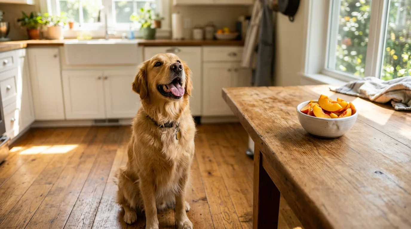 Golden retriever looking up at a bowl of fresh sliced peaches, illustrating whether dogs can eat peaches safely