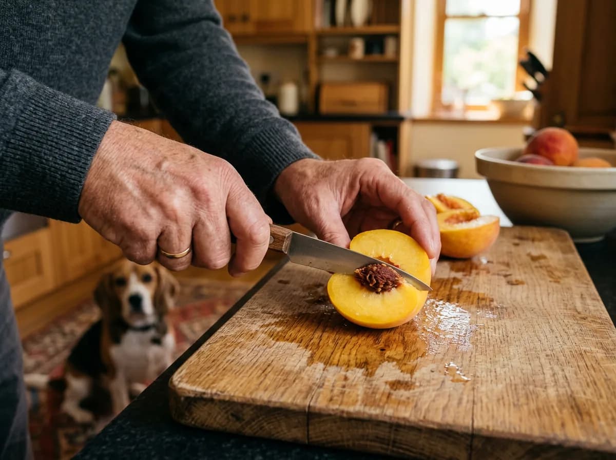 Hands removing the pit from a fresh peach with a beagle watching, showing safe peach preparation for dogs