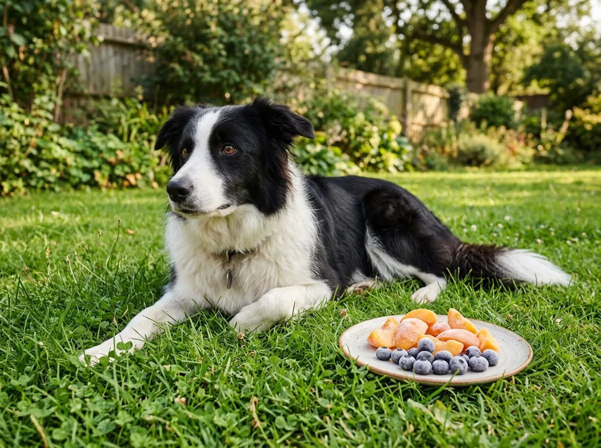 Border collie beside a plate of frozen pitted peach slices and blueberries as a cooling summer treat
