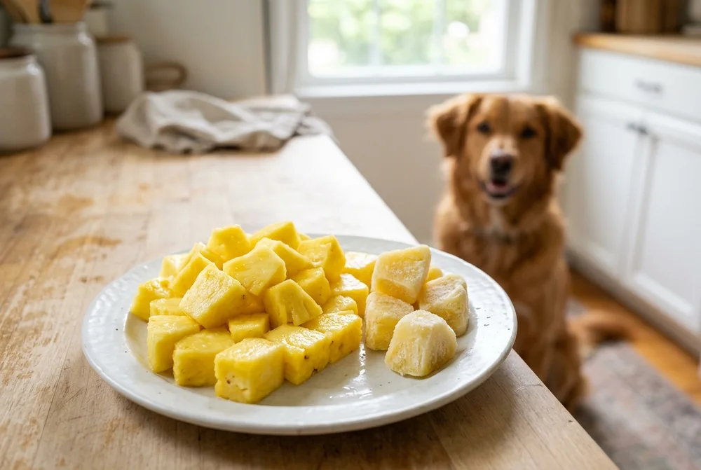 Peeled and cored fresh pineapple diced into small chunks next to frozen pineapple pieces, a dog-safe serving size