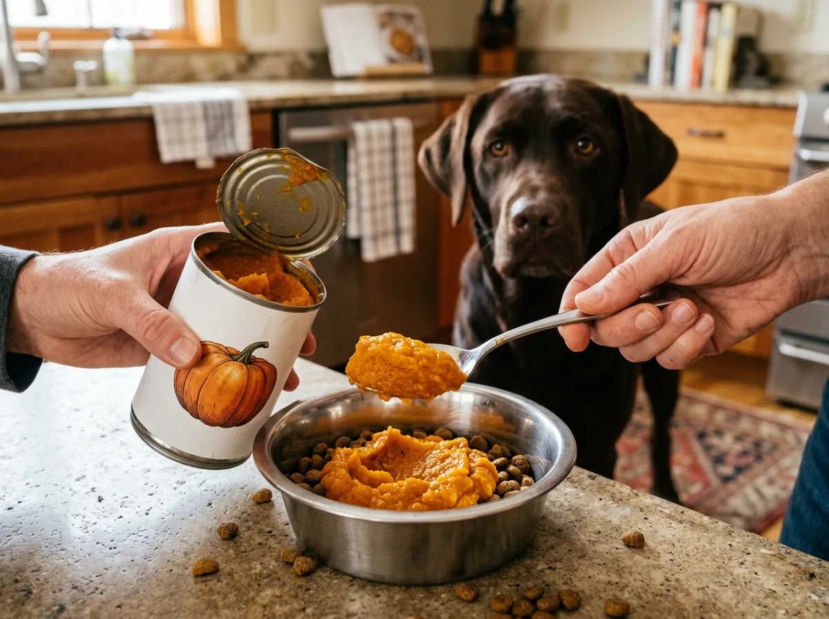 Hands spooning plain canned pumpkin into a dog bowl while a Labrador watches, showing safe pumpkin preparation