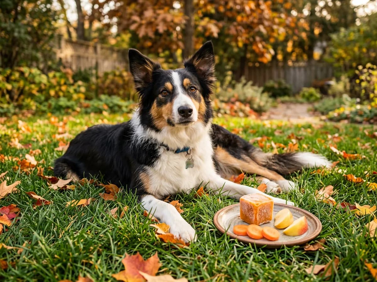 Border collie beside a frozen pumpkin treat and safer fruit and vegetable options like carrot and apple