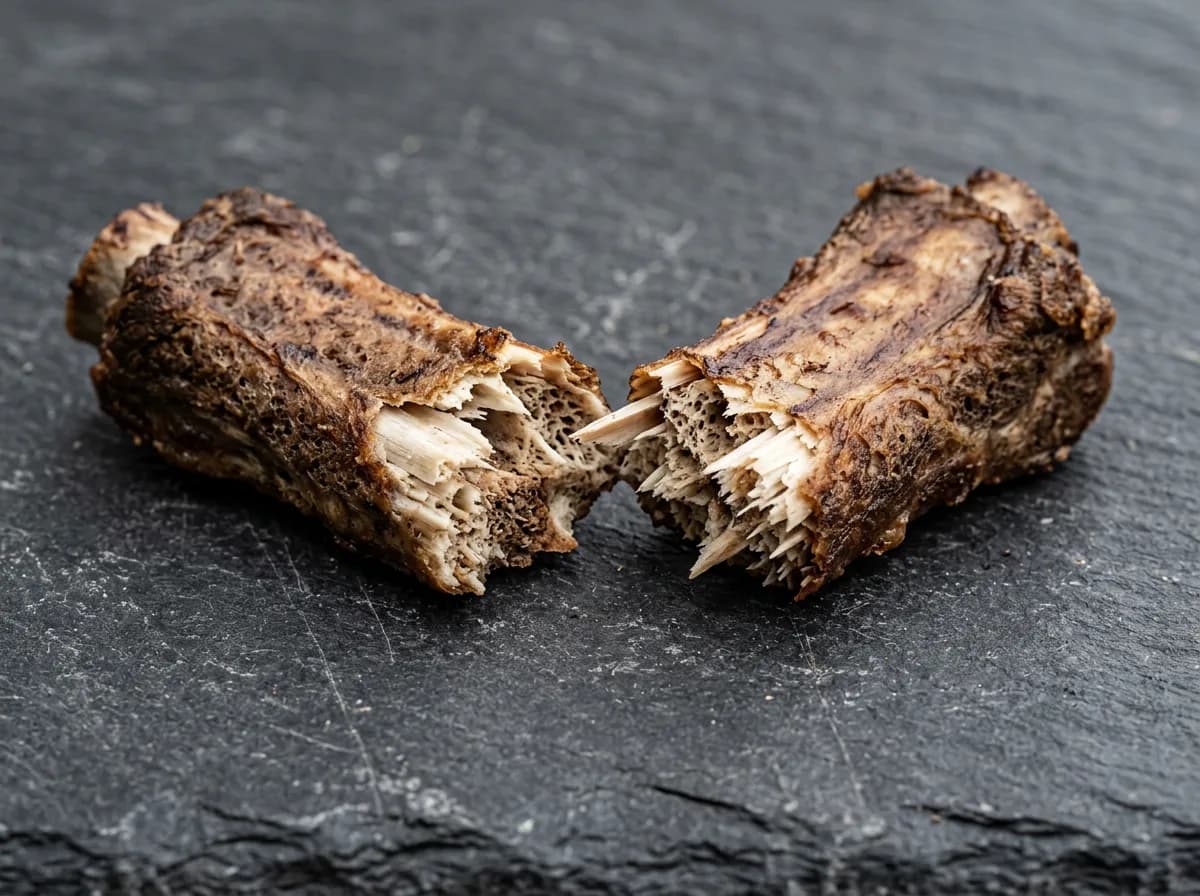 A cooked rib bone splintered into sharp jagged shards that are dangerous for dogs
