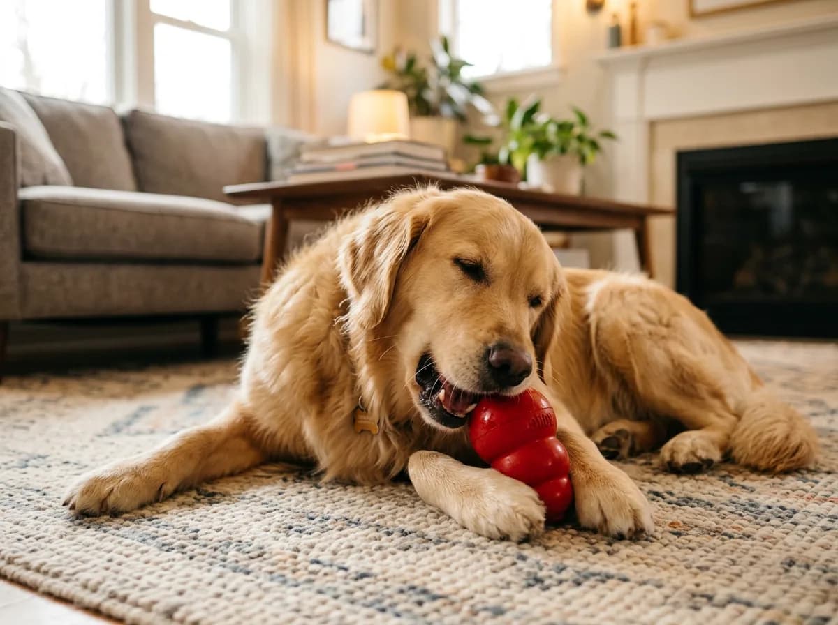 A golden retriever chewing a safe rubber toy instead of a rib bone