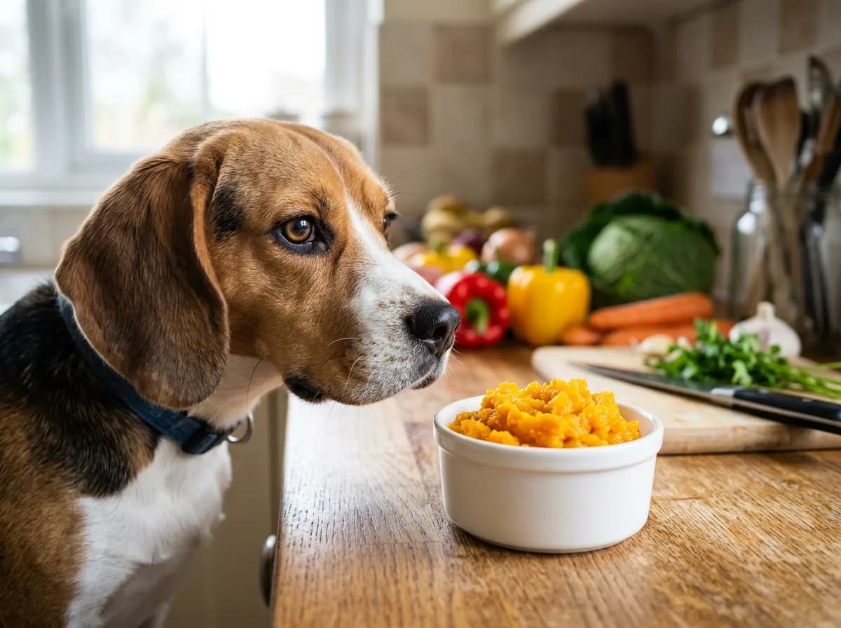 Beagle looking at a dish of mashed squash, a healthy treat dogs can eat
