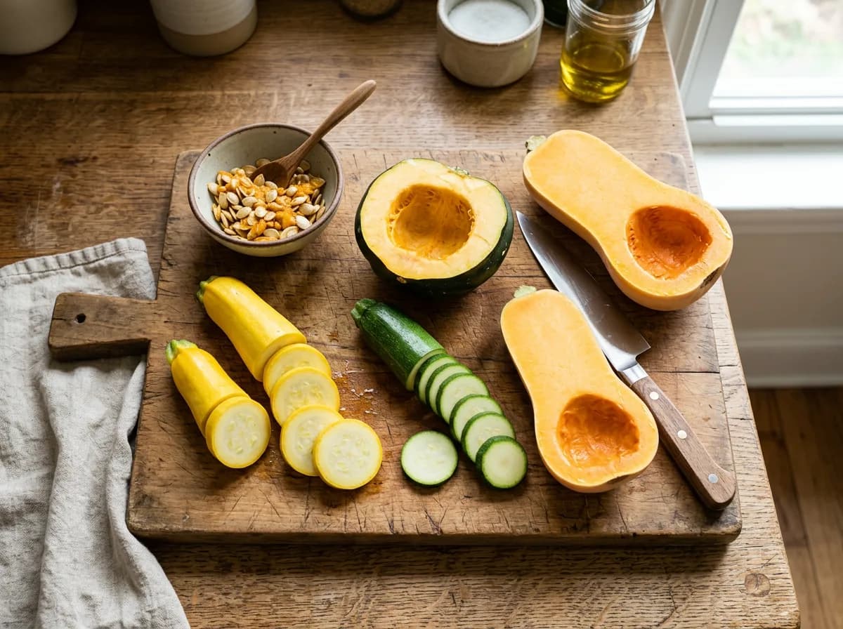 Squash varieties on a cutting board with seeds removed, showing how to prepare squash for dogs