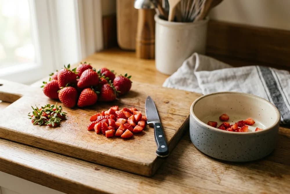 Fresh strawberries hulled and sliced into small pieces on a cutting board next to a dog bowl