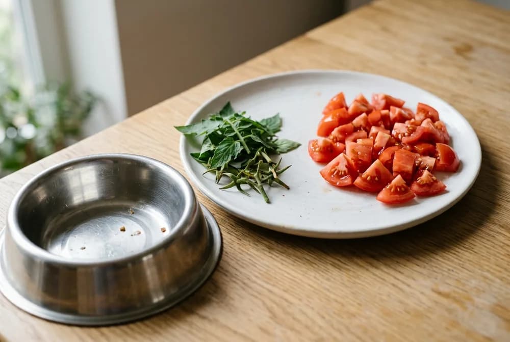 Ripe red tomato diced into small pieces with the green stem and leaves removed and set aside, the safe way to serve tomato to a dog