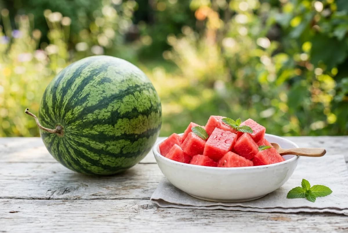 A whole watermelon beside a white bowl of fresh red seedless watermelon cubes on a wooden table, a hydrating summer treat dogs can safely eat in moderation