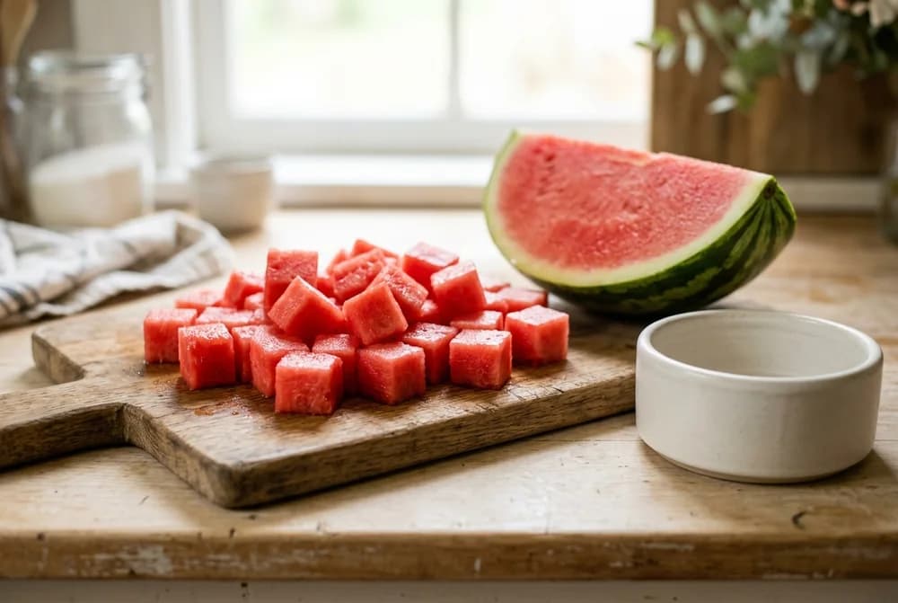 Seedless watermelon cut into bite-size cubes on a cutting board next to a dog bowl, the safe way to serve watermelon to a dog
