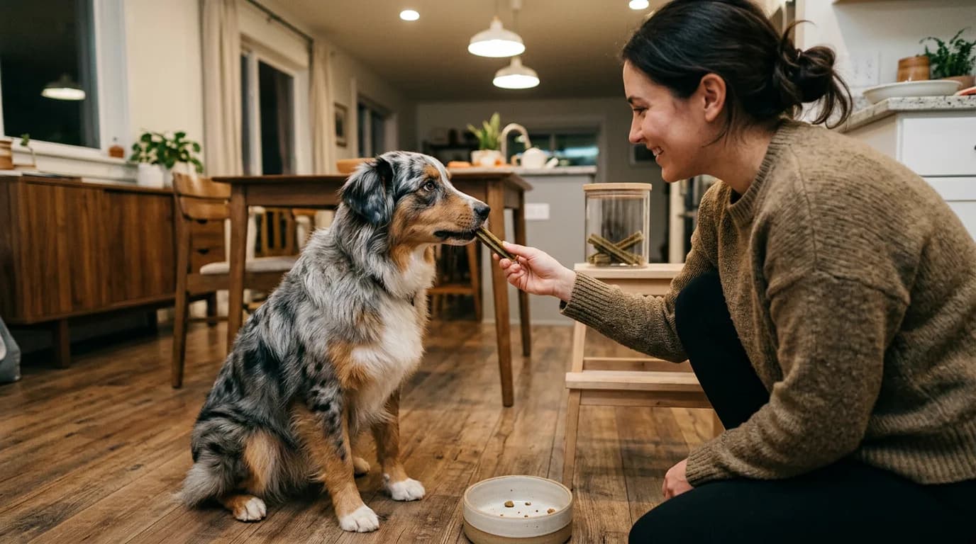 An owner giving a dog one dental chew as part of a daily routine.
