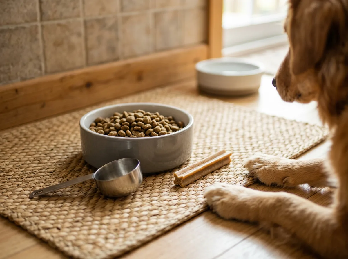 A single dental chew beside a food bowl and measuring scoop.